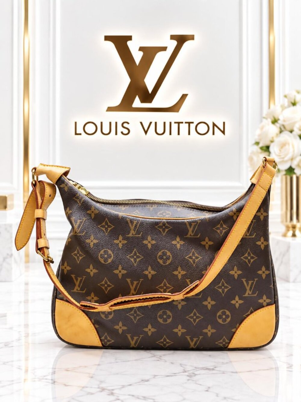 Authentic Louis Vuitton Boulogne 30 Monogram Canvas Vintage Shoulder Bag Brown